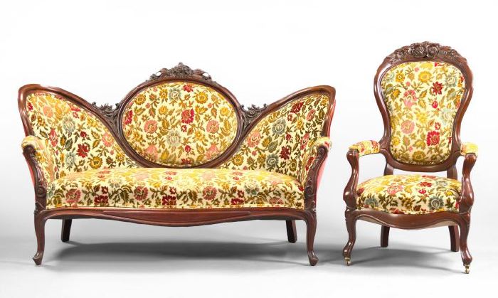 Appraisal: American Rococo Revival-Style Mahogany Settee and Similar Armchair third quarter