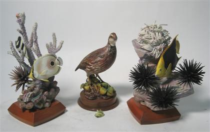 Appraisal: Three Royal Worcester painted bisque porcelain groups Including tropical fish