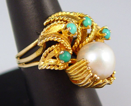 Appraisal: K MM CULTURED SEMI-BAROQUE PEARL AND TURQUOISE RING K yellow