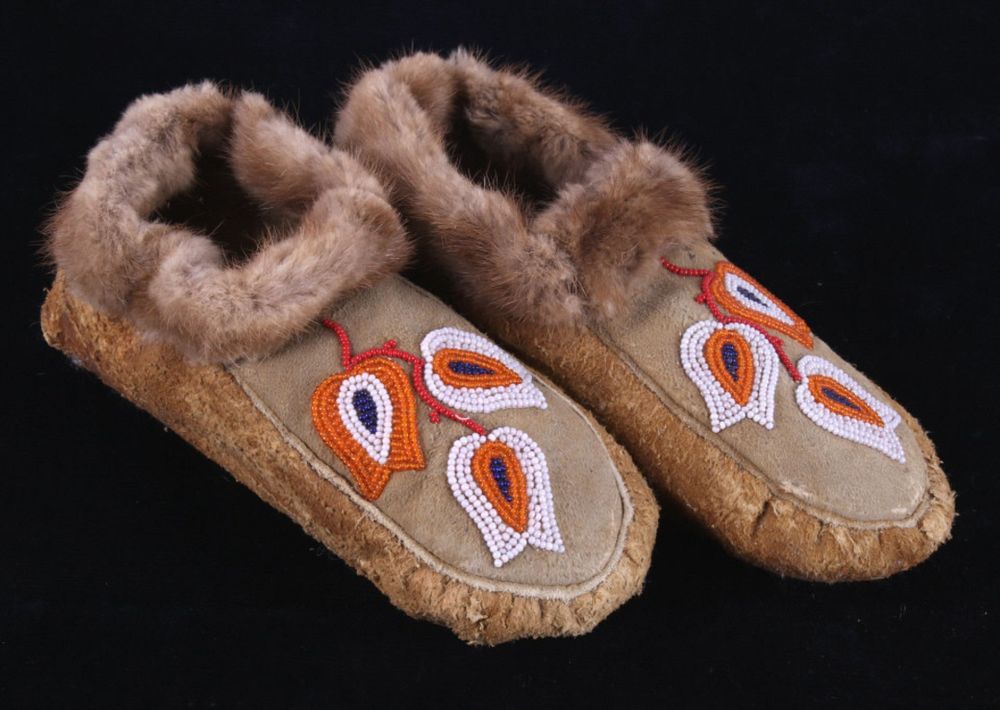 Appraisal: Chippewa Moose Hide Beaded Mink Fur Moccasins For your consideration