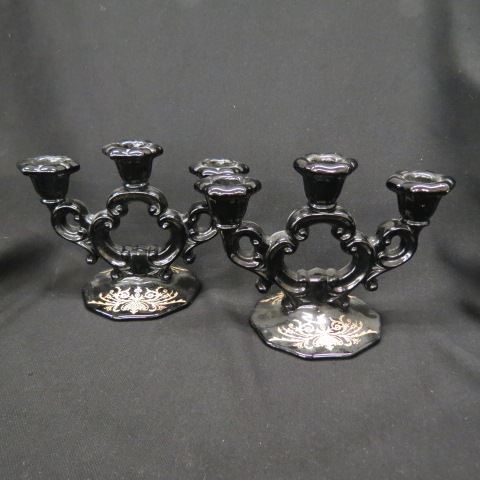 Appraisal: Cambridge Black Art Glass Candelbra pair etched gold design triple