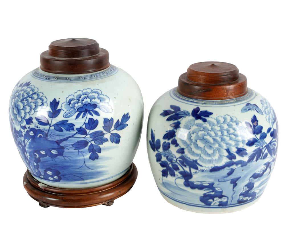 Appraisal: PAIR OF CHINESE BLUE WHITE PORCELAIN JARSunmarked each with wooden