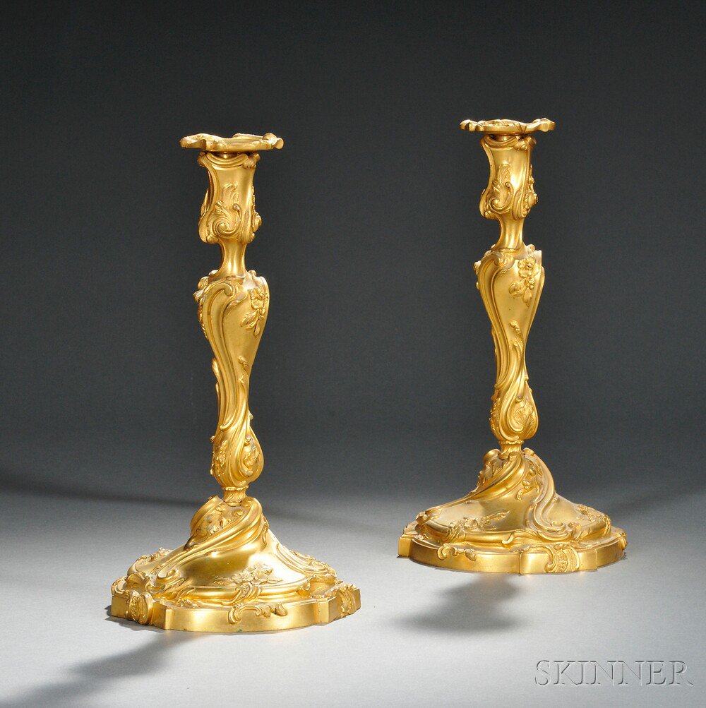 Appraisal: Pair of Rococo-style Gilt-bronze Candlesticks probably France th century each