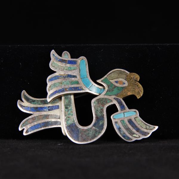 Appraisal: Taxco Mexico Sterling Silver Stone Inlay Stylized Modernist Bird Brooch