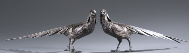 Appraisal: Pair of Hooded Silver Pheasants th c possibly Silver Pair