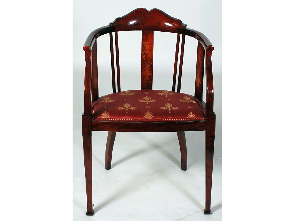 Appraisal: EDWARDIAN INLAID MAHOGANY TUB CHAIR the splats inlaid with stylised