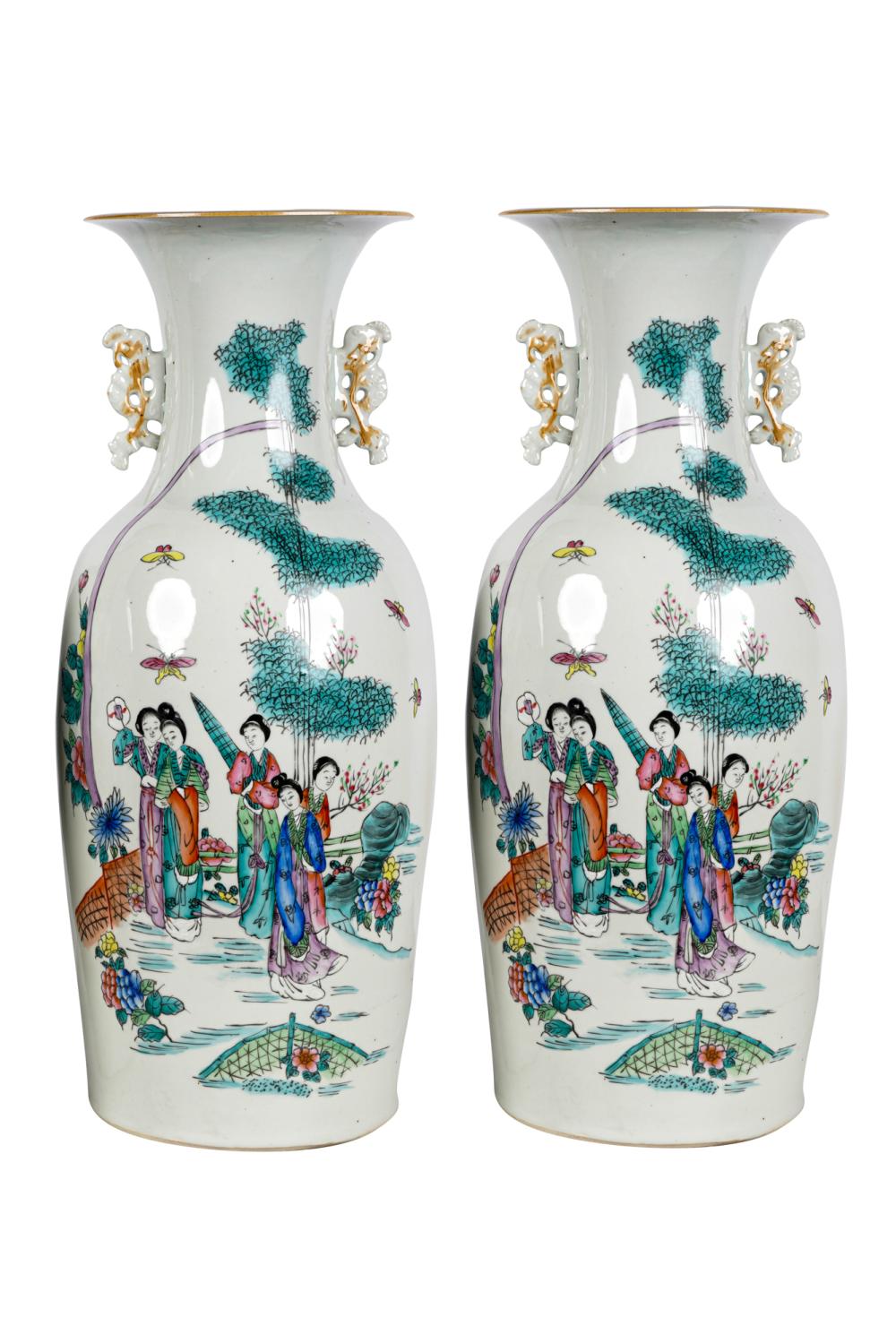 Appraisal: PAIR OF LARGE CHINESE POLYCHROME PORCELAIN VASEStwo handled inches high