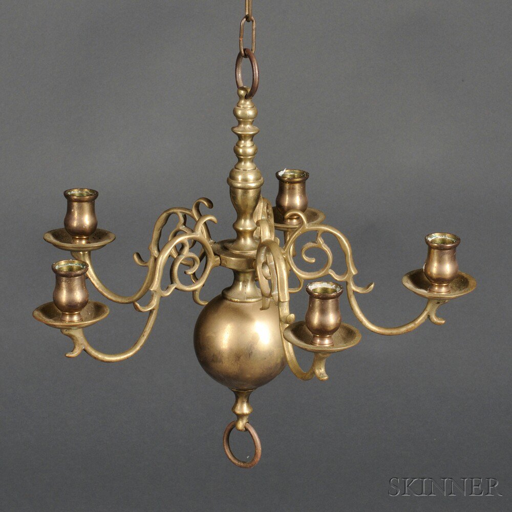 Appraisal: Dutch Brass Five-light Chandelier th century with scrolled arms maximum