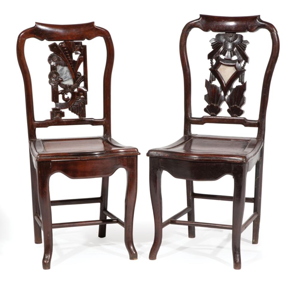 Appraisal: Two Similar Chinese Hardstone Inset Carved Hardwood Side Chairs yoke