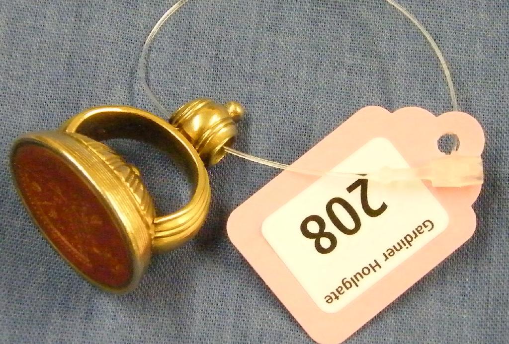 Appraisal: th century oval gold fob bloodstone seal possibly ct gm