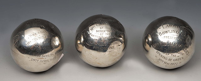 Appraisal: THREE SCOTTISH SILVER BOWLING JACKS with presentation inscriptions for Larkhall