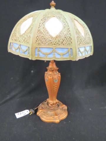 Appraisal: Slag Glass Lamp octagon umbrella shade with blue trim fancy