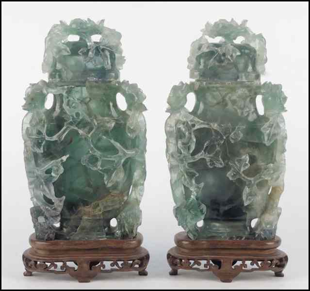 Appraisal: PAIR OF CHINESE CARVED QUARTZ COVERED JARS H '' Condition