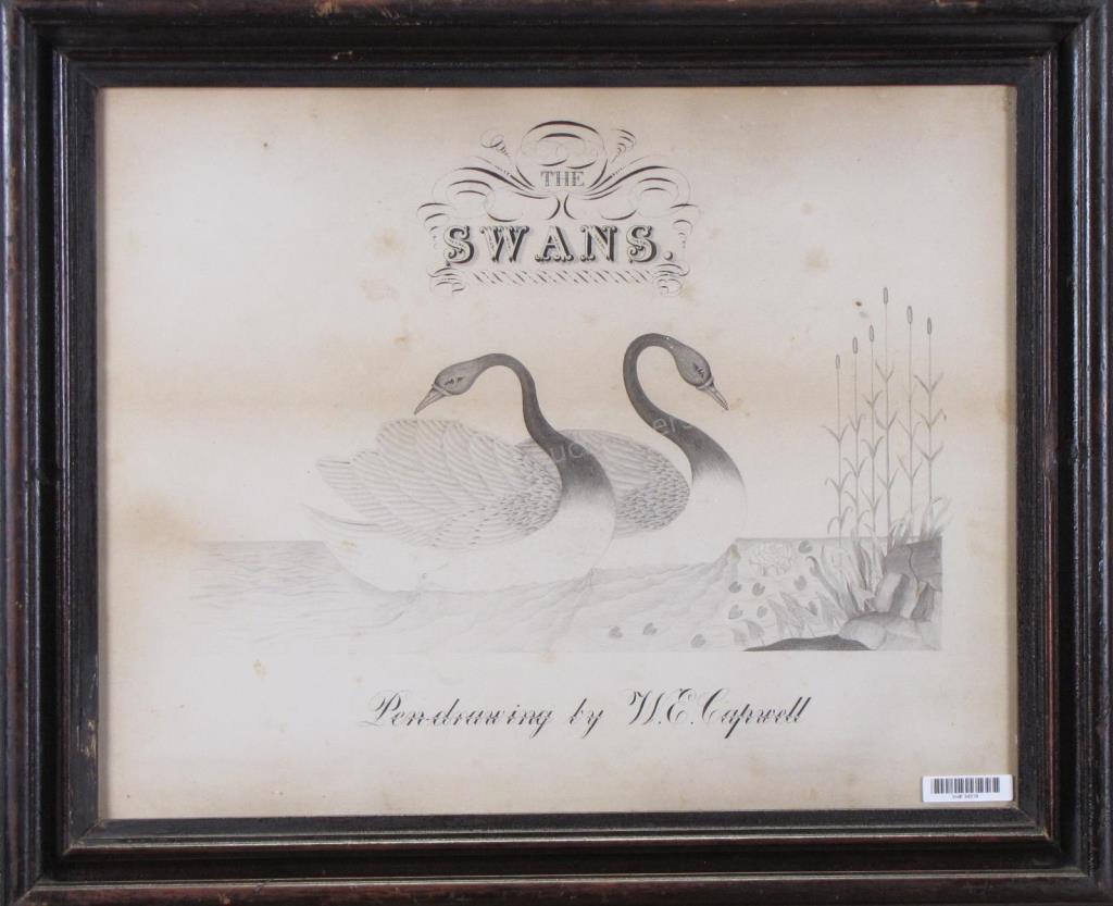 Appraisal: An antique framed folk art drawing The Swans a pen