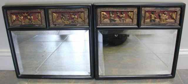 Appraisal: Pair of Midcentury Beveled Mirrors with Lacquerand Asian Motif Black