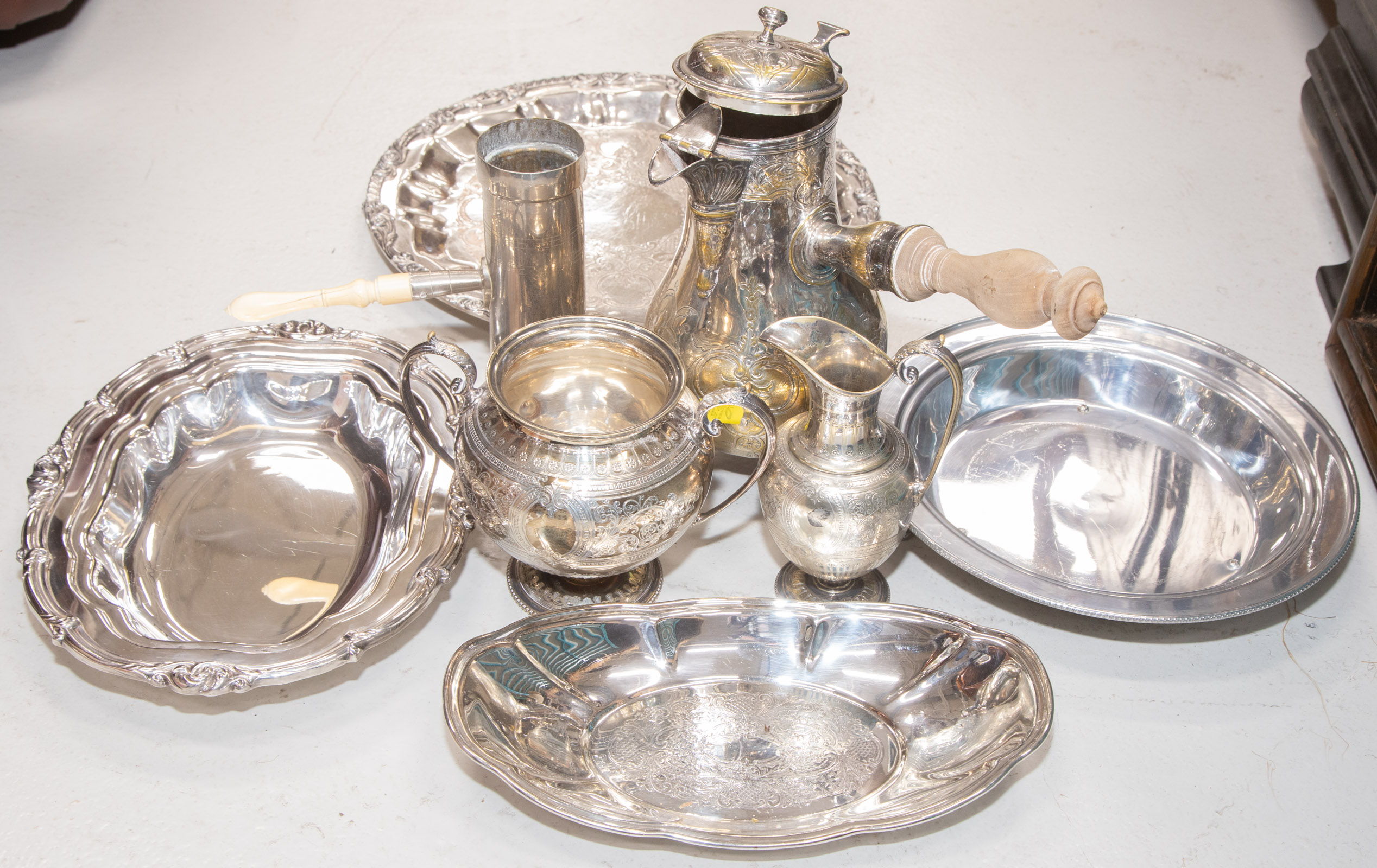 Appraisal: BOX OF SILVER PLATED ITEMS Includes serving bowls underplate and