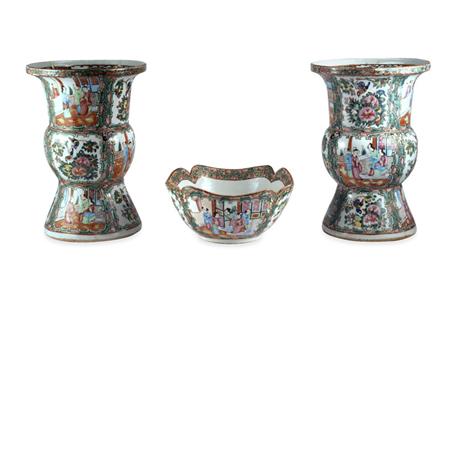 Appraisal: Pair of Chinese Export Rose Medallion Porcelain Vases and Center