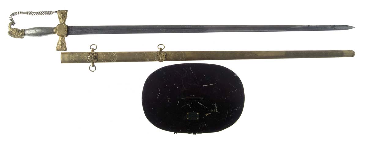 Appraisal: INSCRIBED PRE-WAR MILITIA SWORD AND LATER CASED MAJOR GENERAL DRESS