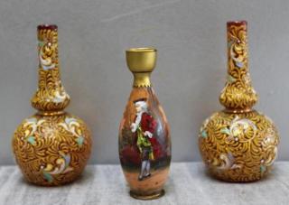 Appraisal: Lot of Miniature Glass Vases Including a Pair of Enamel