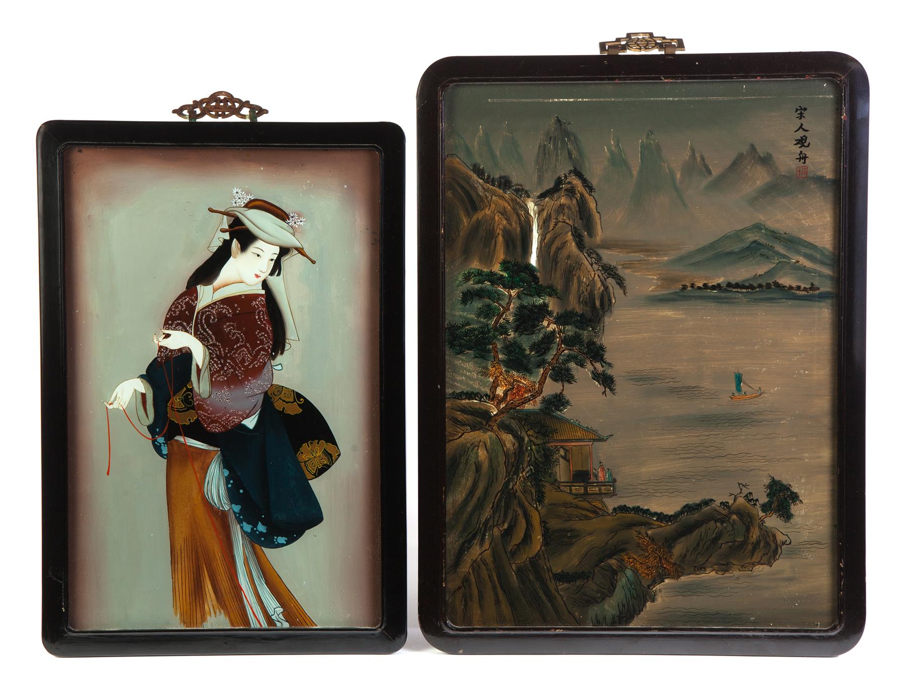 Appraisal: TWO ASIAN REVERSE GLASS PAINTINGS Mid th century Woman in