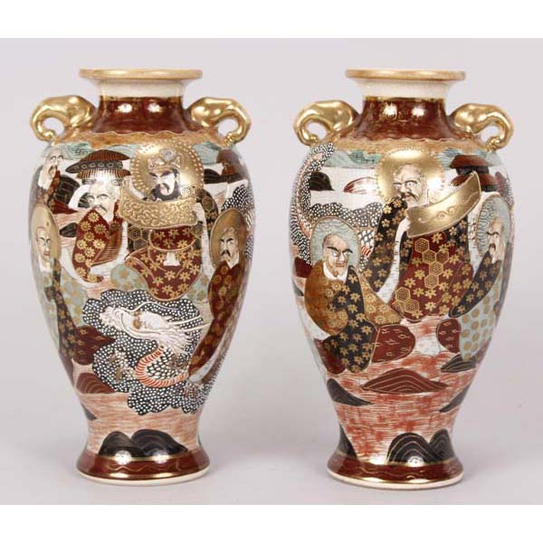 Appraisal: Pair handled porcelain Japanese Satsuma vases H