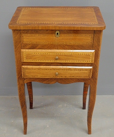 Appraisal: - French Provincial style inlaid fruitwood two-drawer table h x