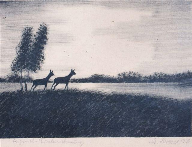 Appraisal: M Lorenz print of two deer in a landscape signed