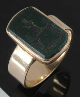 Appraisal: An Antique bloodstone signet ring The elongated bloodstone panel carved