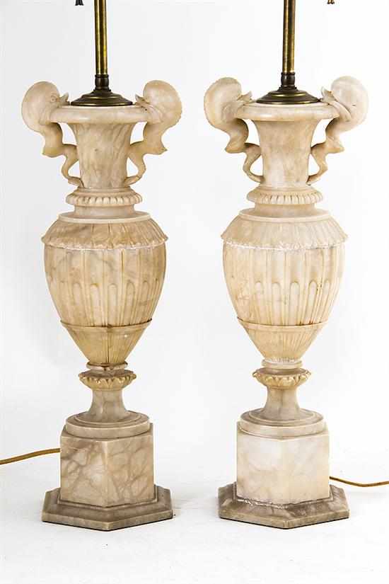 Appraisal: Pair carved alabaster urns converted to lamps late th century