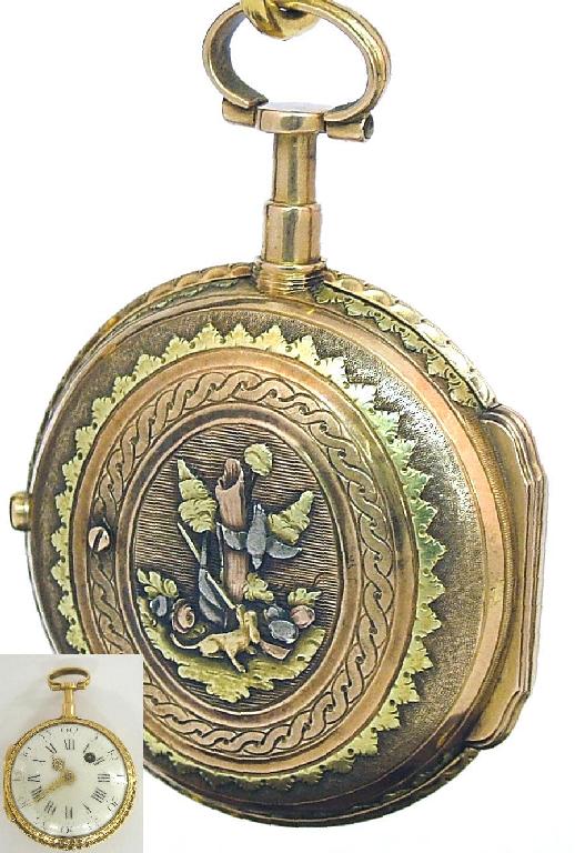 Appraisal: Attractive continental triple coloured gold fusee verge pocket watch the