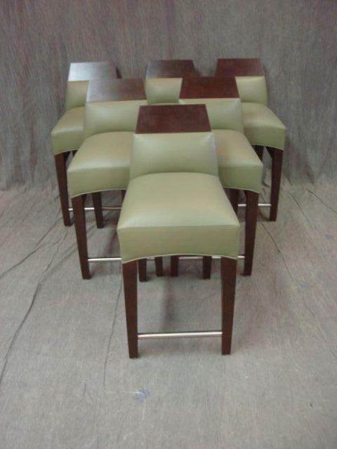 Appraisal: Green Leather Stools Wood and leather contemporary stools never used