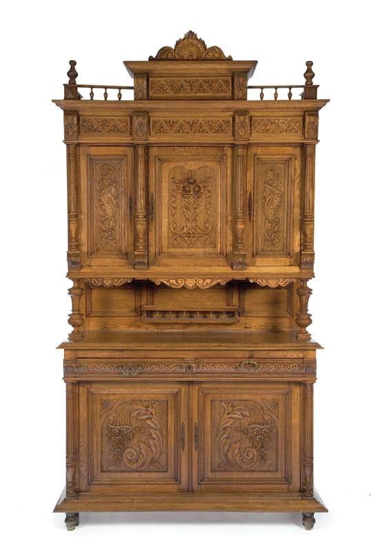 Appraisal: COURT CUPBOARD Continental early th century oak Two-piece with gallery