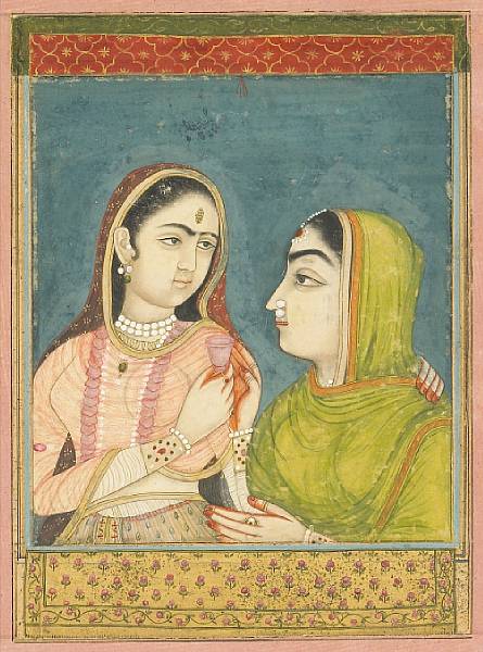 Appraisal: A Mughal painting of two women Circa Framed and glazed