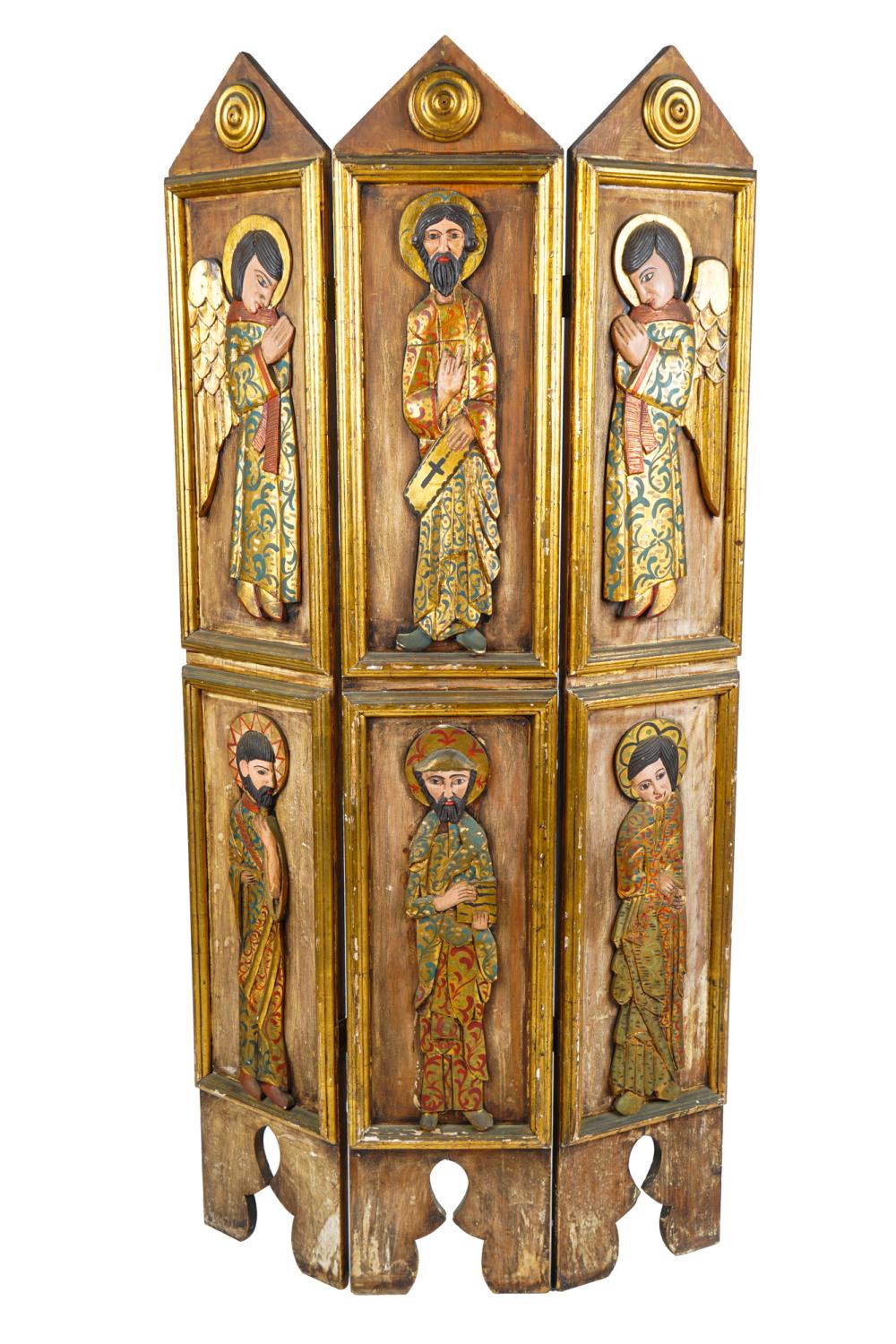 Appraisal: PAINTED GILT RELIEF-CARVED THREE-PANEL SCREENdepicting various saints inches wide inches