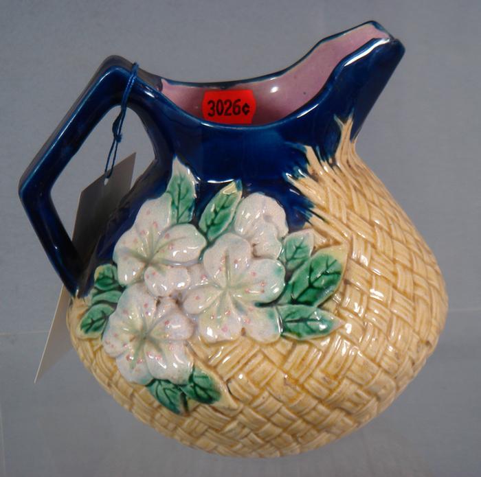 Appraisal: Majolica pitcher gold basketweave with white flowers chip on inside