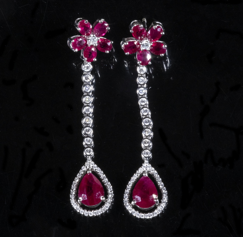 Appraisal: RUBY DIAMOND DANGLE EARRINGS Handmade K White Gold Ruby and