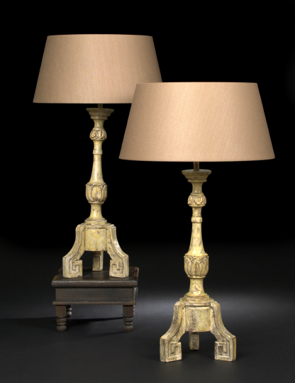 Appraisal: Pair of Italian Ivory-Painted Wooden Pricket Candlesticks in the neoclassical