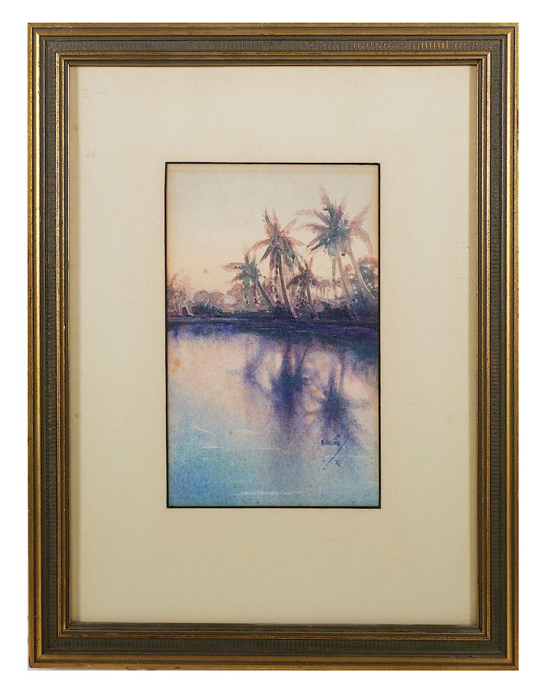 Appraisal: Early Florida Watercolor Palm Trees Early Florida watercolor landscape showing