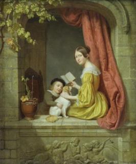 Appraisal: BRIAS Charles Oil on Panel Woman with Boy and Dog