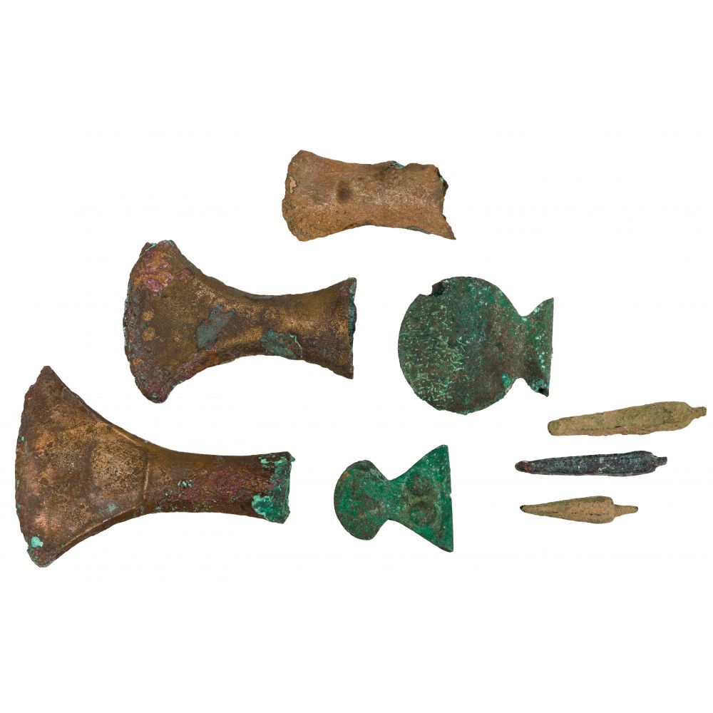 Appraisal: PRE-COLUMBIAN COPPER TOOL AND ORNAMENT ASSORTMENT items including axe heads