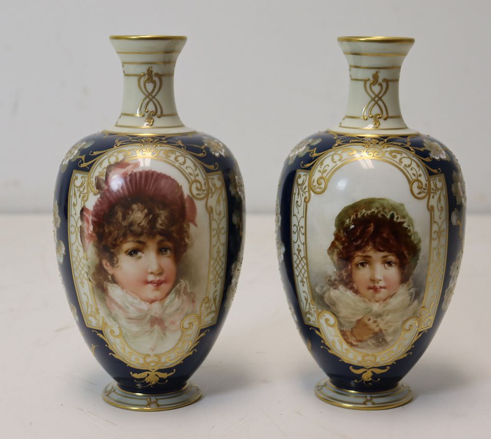 Appraisal: K P M Signed Pair Of Porcelain Portrait Urns Great