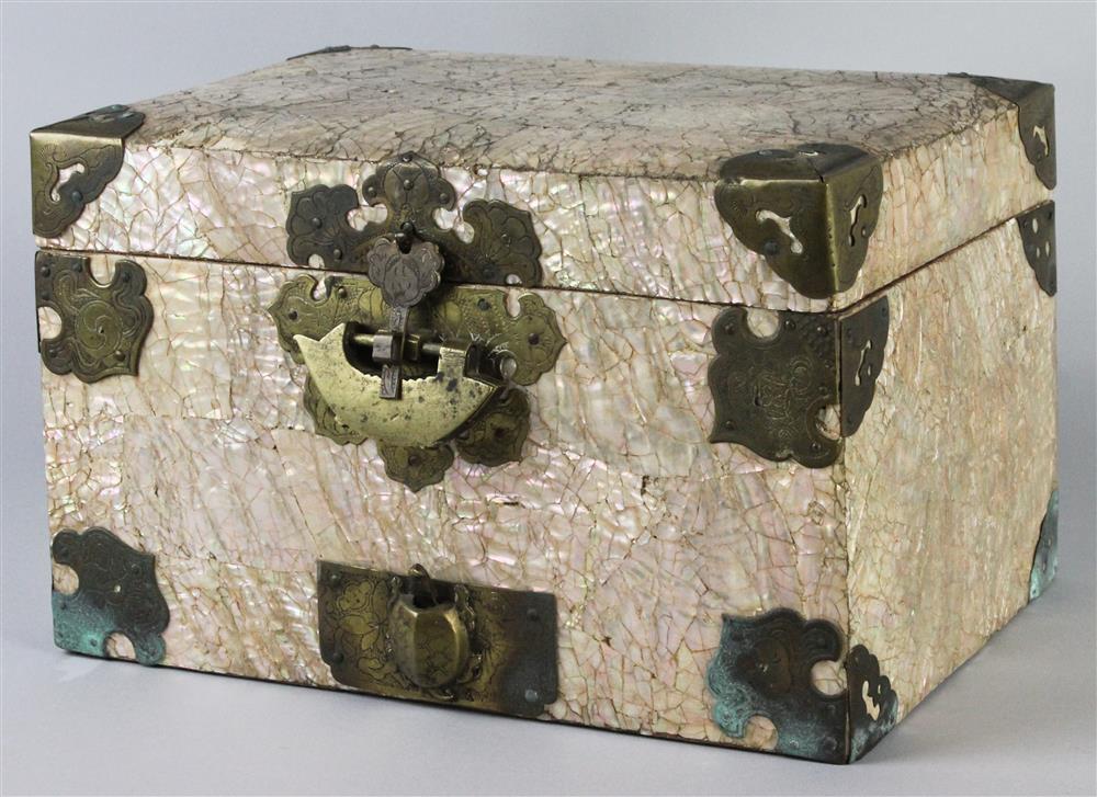 Appraisal: KOREAN MOTHER-OF-PEARL-INLAID SMALL CHEST the small rectangular chest covered in