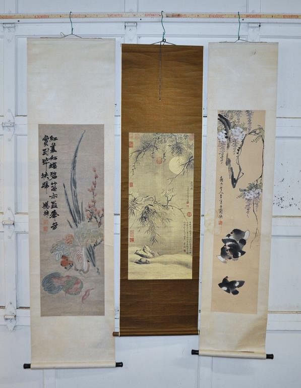 Appraisal: Group Three Asian Scrolls the largest ink and watercolor depicting