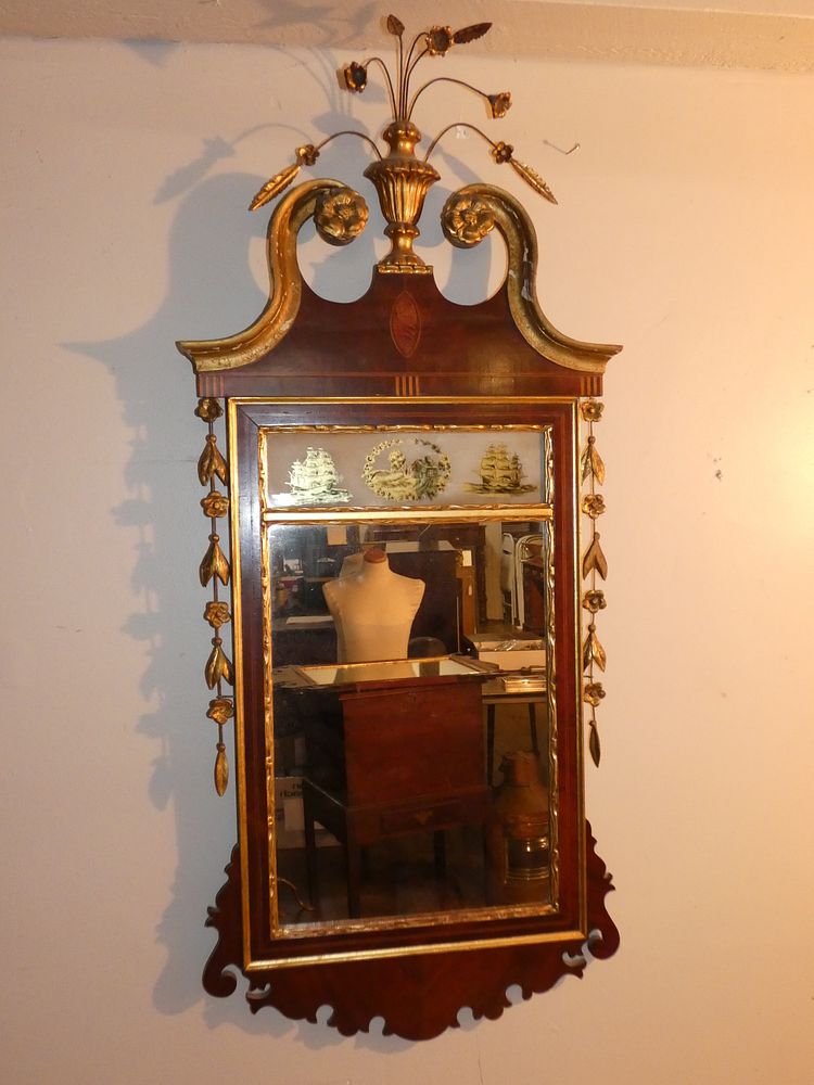 Appraisal: OLD CHIPPENDALE EGLOMISE MIRROR Circa Chippendale wall mirror with wire