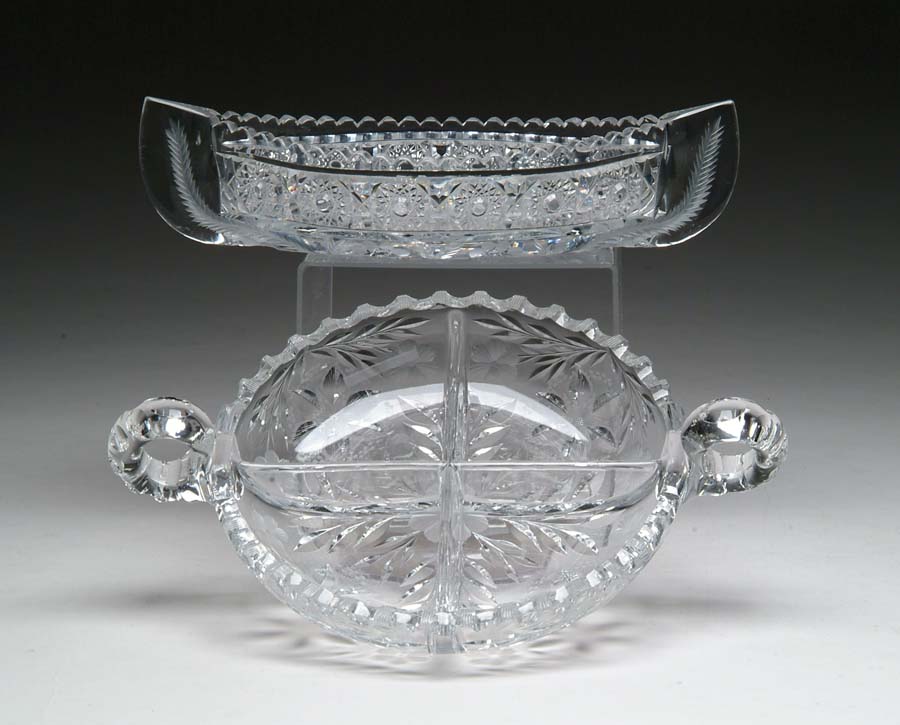 Appraisal: TWO CUT GLASS DISHES Canoe shaped dish cut in floral