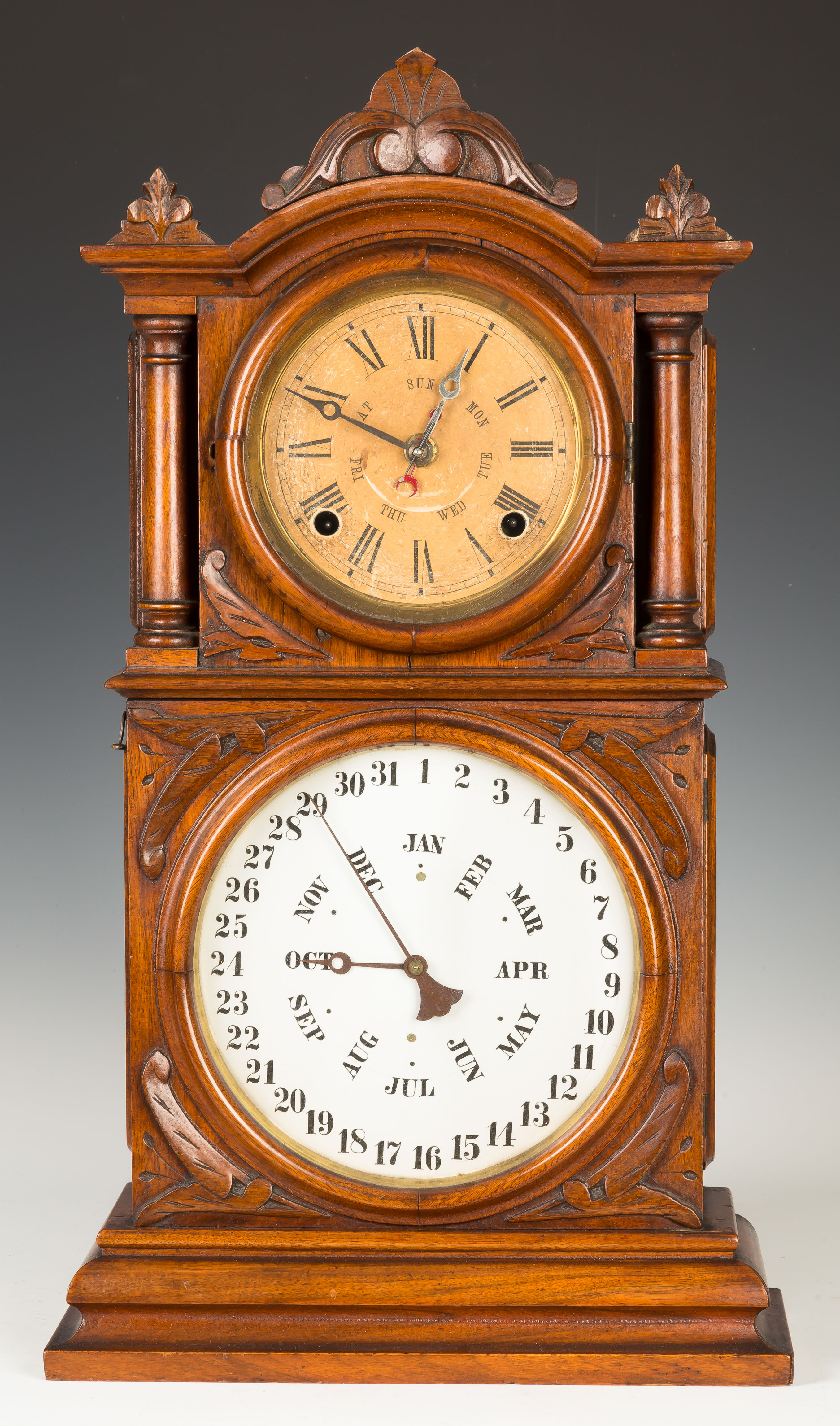 Appraisal: E Ingraham Co Double Dial Calendar Shelf Clock Carved walnut