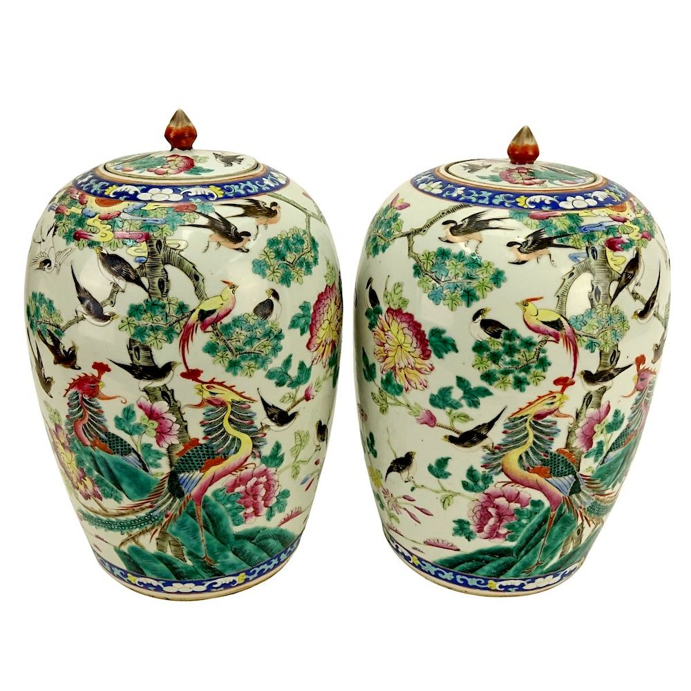 Appraisal: Pair of Chinese Famille Rose Tall Jars Early th Century