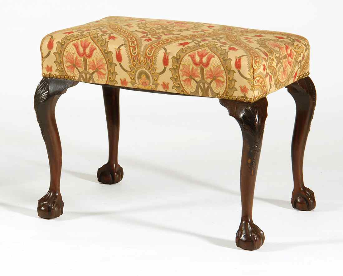 Appraisal: ENGLISH CHIPPENDALE UPHOLSTERED BENCH In mahogany with brocade seat Cabriole