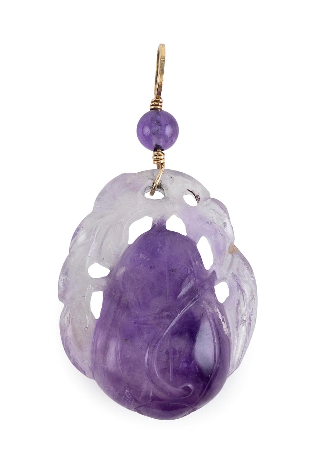 Appraisal: CHINESE CARVED AMETHYST PENDANT STONE LENGTH TOTAL LENGTH INCLUDING MOUNT