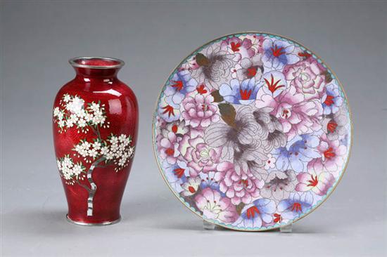 Appraisal: TWO PIECES OF CLOISONNE Plate with floral motif in pink